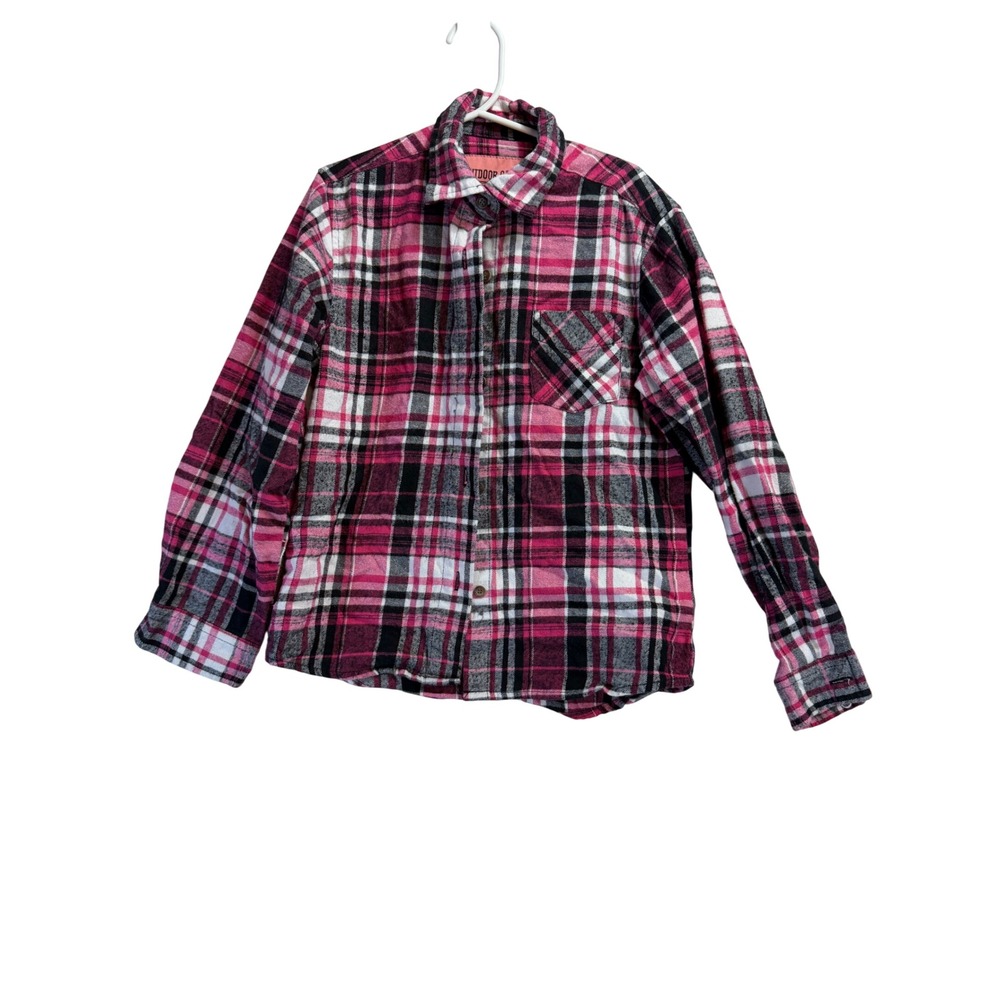 Outdoor Casuals Kids Pink Black White Plaid Flannel Button Down Shirt Size M